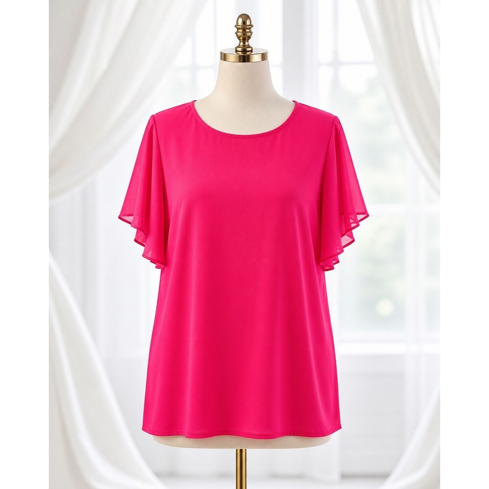 Susan Graver Liquid Knit Top Blouse Womens 1X Pink Flutter Sleeve Travel Stretch